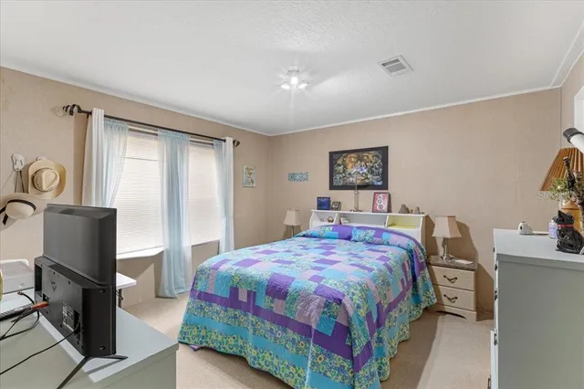 a bedroom with a bed and a flat tv screen on the dresser