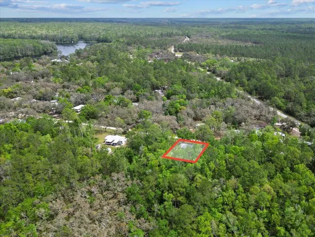 an aerial view of residential houses with outdoor space and trees