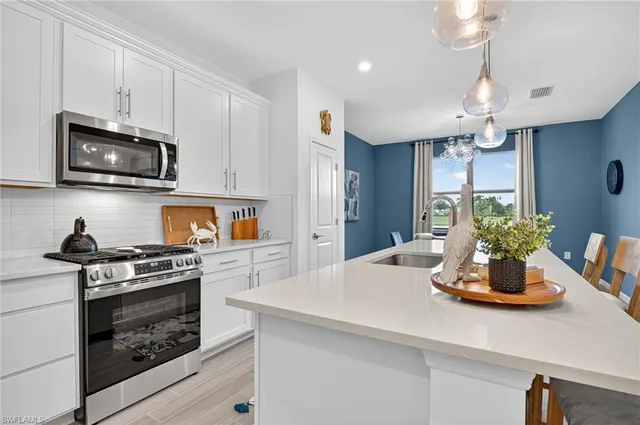 a kitchen with a sink stainless steel appliances and cabinets