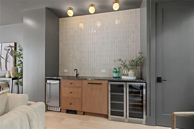 a view of a patio with wooden floor