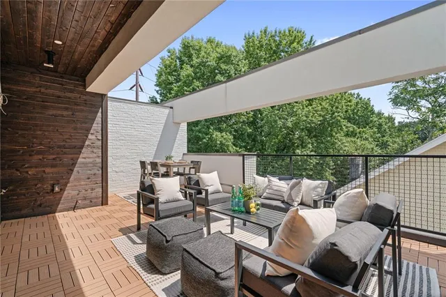 an aerial view of a house with outdoor space
