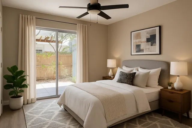 a bedroom with a large bed and a large window