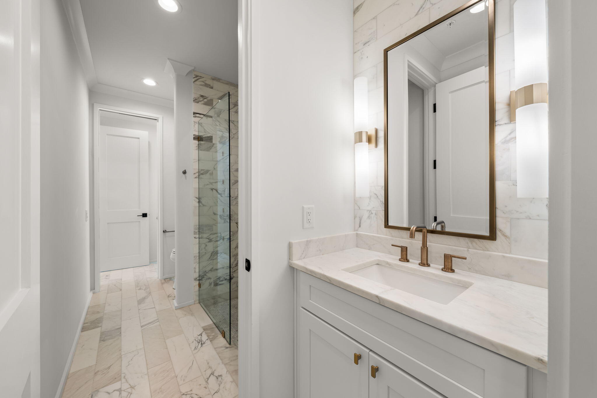 35 Seapointe Lane Santa Rosa Beach, FL 32459 - Photo 22 of 72 a bathroom with a sink vanity granite shower and a mirror