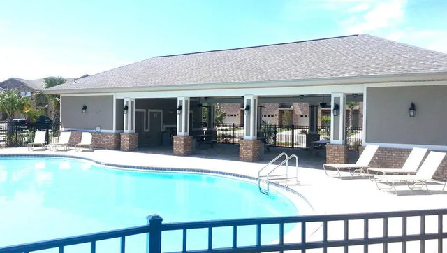 an aerial view of a swimming pool