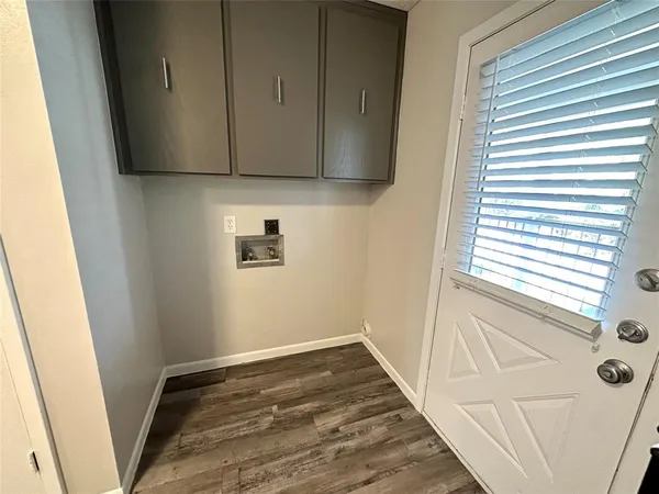 a view of storage and utility room with wooden floor