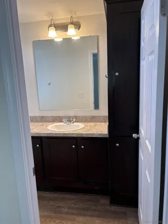 a bathroom with a sink and a mirror