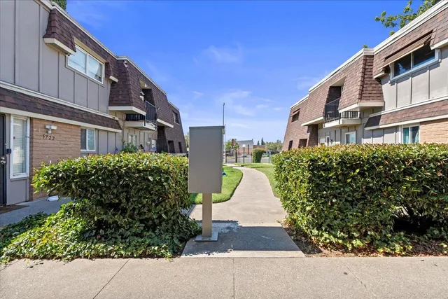 a view of a street with potted plants
