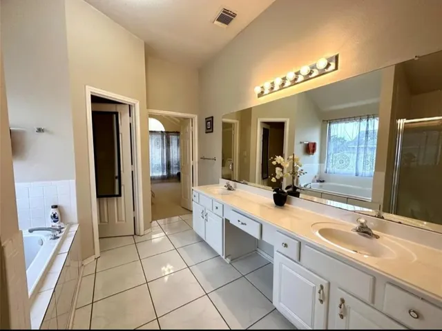 a bathroom with a sink a mirror and a shower