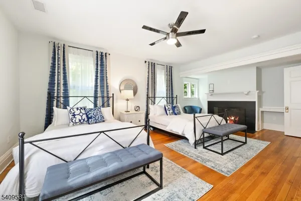 a living room with furniture a rug potted plant and a fireplace