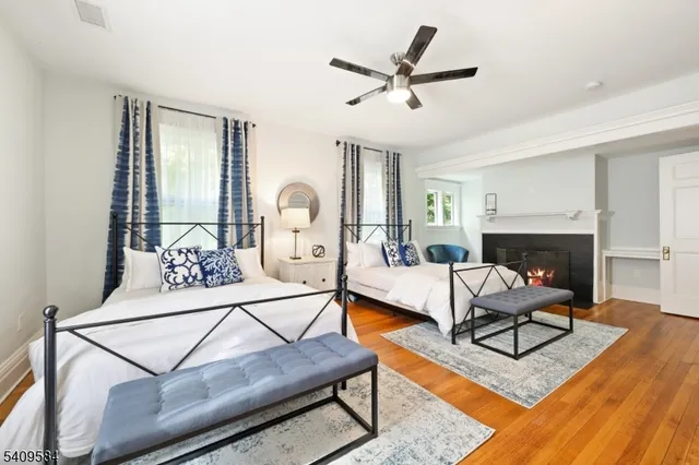 a living room with furniture a rug potted plant and a fireplace