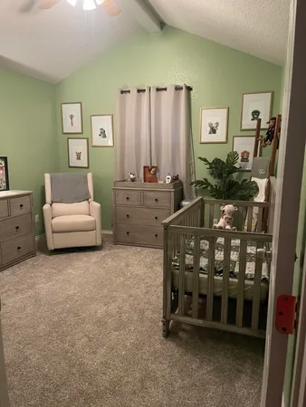 a bed room with furniture and a baby crib