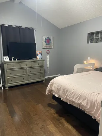a bedroom with a bed and a television