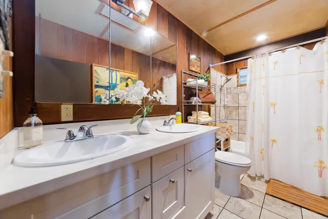 a bathroom with a sink toilet double vanity and shower