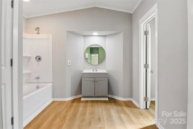 a bathroom with a sink a mirror and a bathtub