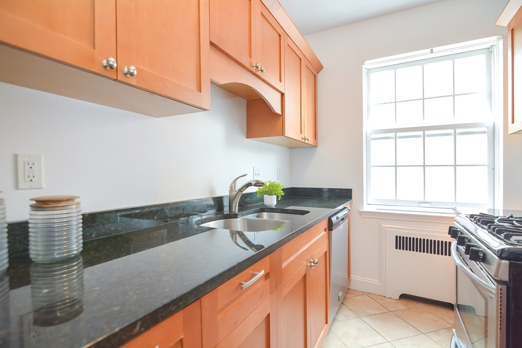 40 Browne Street, Unit 5 Brookline, MA 02446 - Photo 15 of 39 a kitchen with stainless steel appliances granite countertop a sink a stove and a microwave
