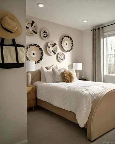 a bedroom with a bed and painting on the wall