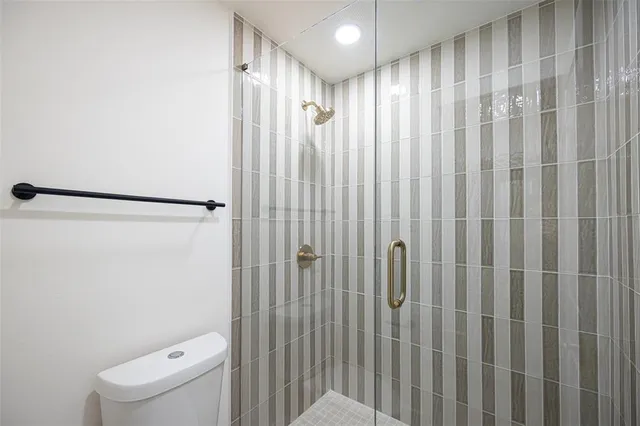 a bathroom with a shower and a toilet
