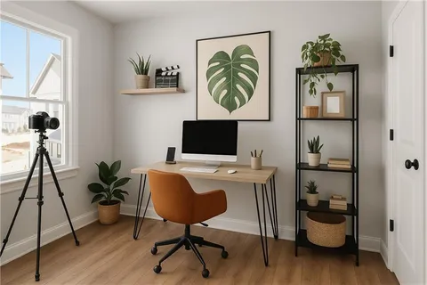 a workspace with furniture and window