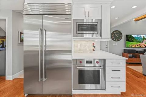 a kitchen with stainless steel appliances a stove and a refrigerator