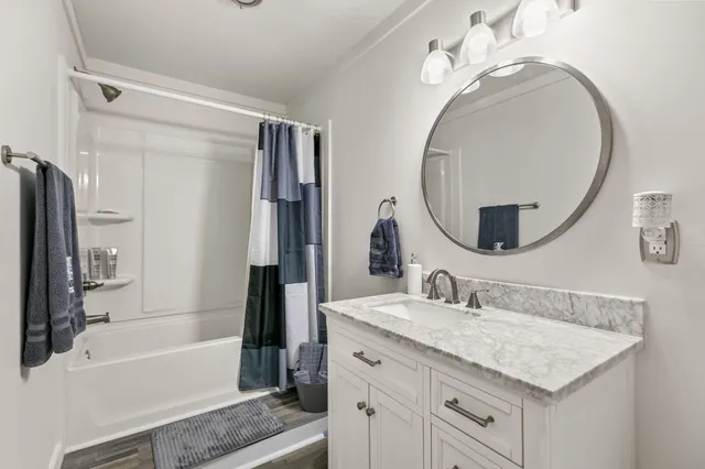 a view of a park with large trees