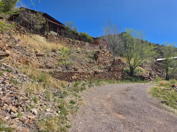 a view of a dry yard with mountains in the background