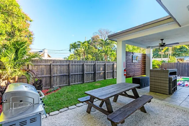 a porch with seating space