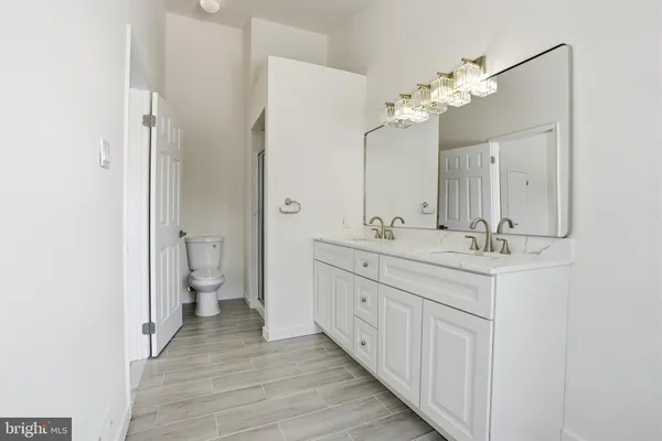 a bathroom with a double vanity sink mirror and toilet