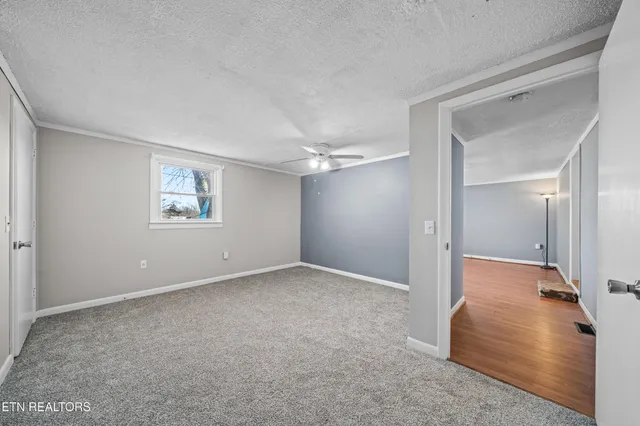 a view of a big room with closet and windows