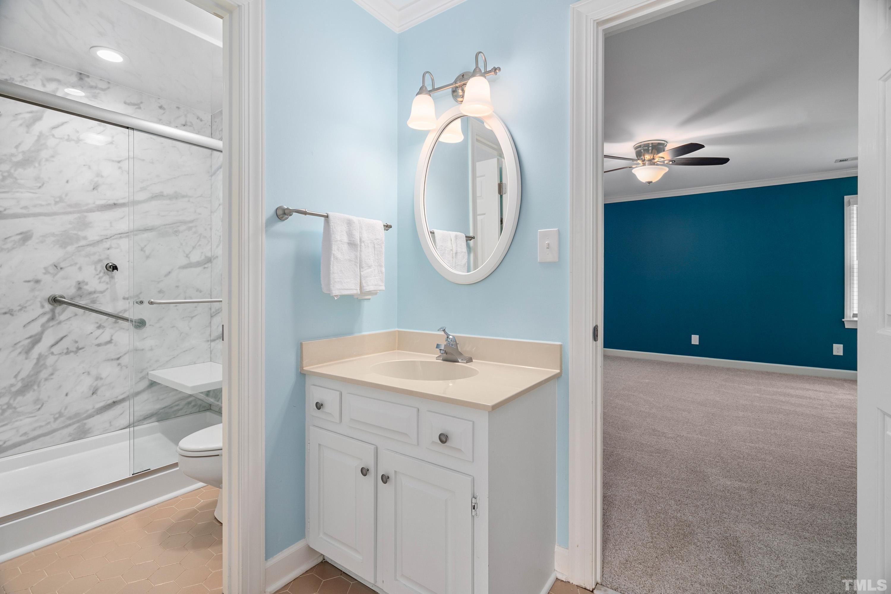 2013 Countrywood Road North Raleigh, NC 27615 - Photo 36 of 73 a bathroom with a sink a toilet and a mirror