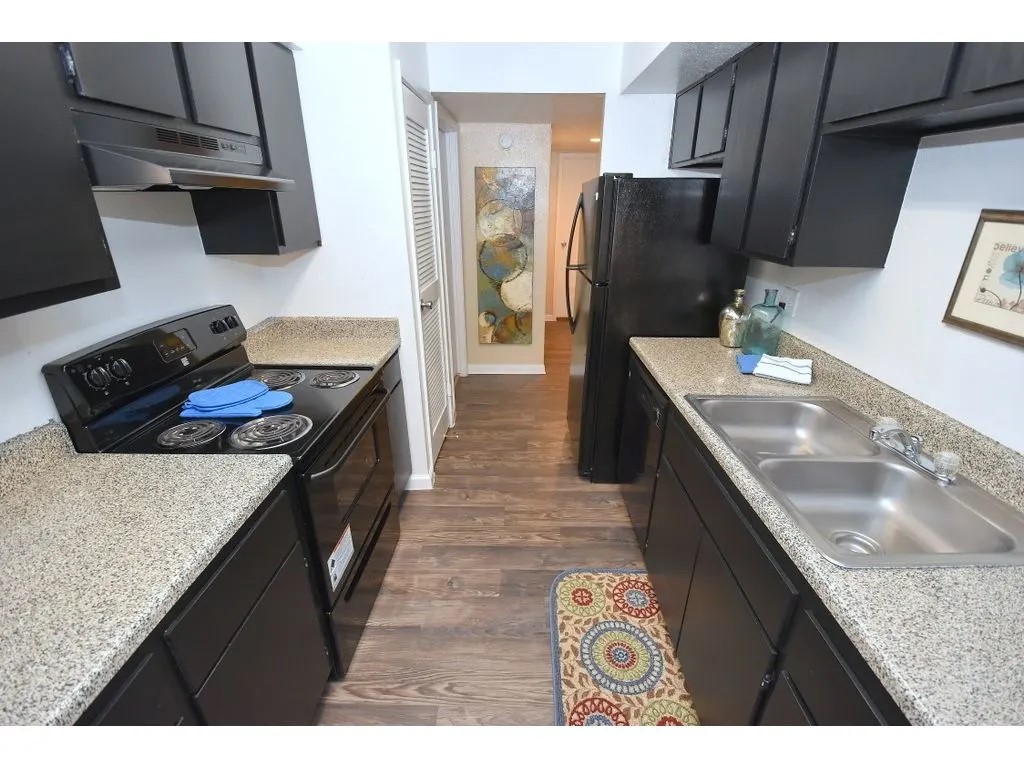 17310 Kieth Harrow Boulevard, Unit 208 Houston, TX 77084 - Photo 14 of 20 a kitchen with stainless steel appliances granite countertop a refrigerator a stove and a sink