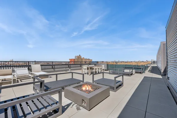 a terrace with a city view