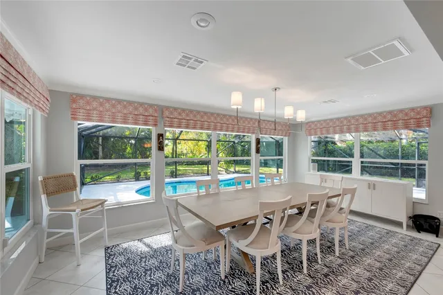 a view of a dining room with furniture window and outside view