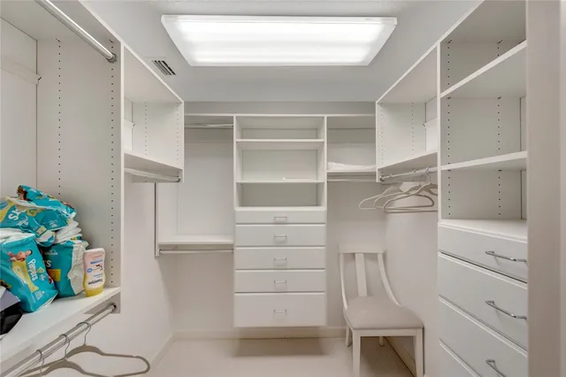 a view of walk in closet with empty racks