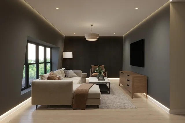 a living room with furniture fireplace and a flat screen tv