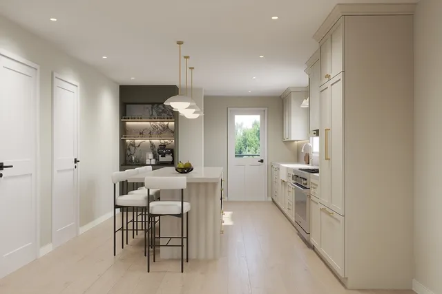 a view of a kitchen with dining table and chairs