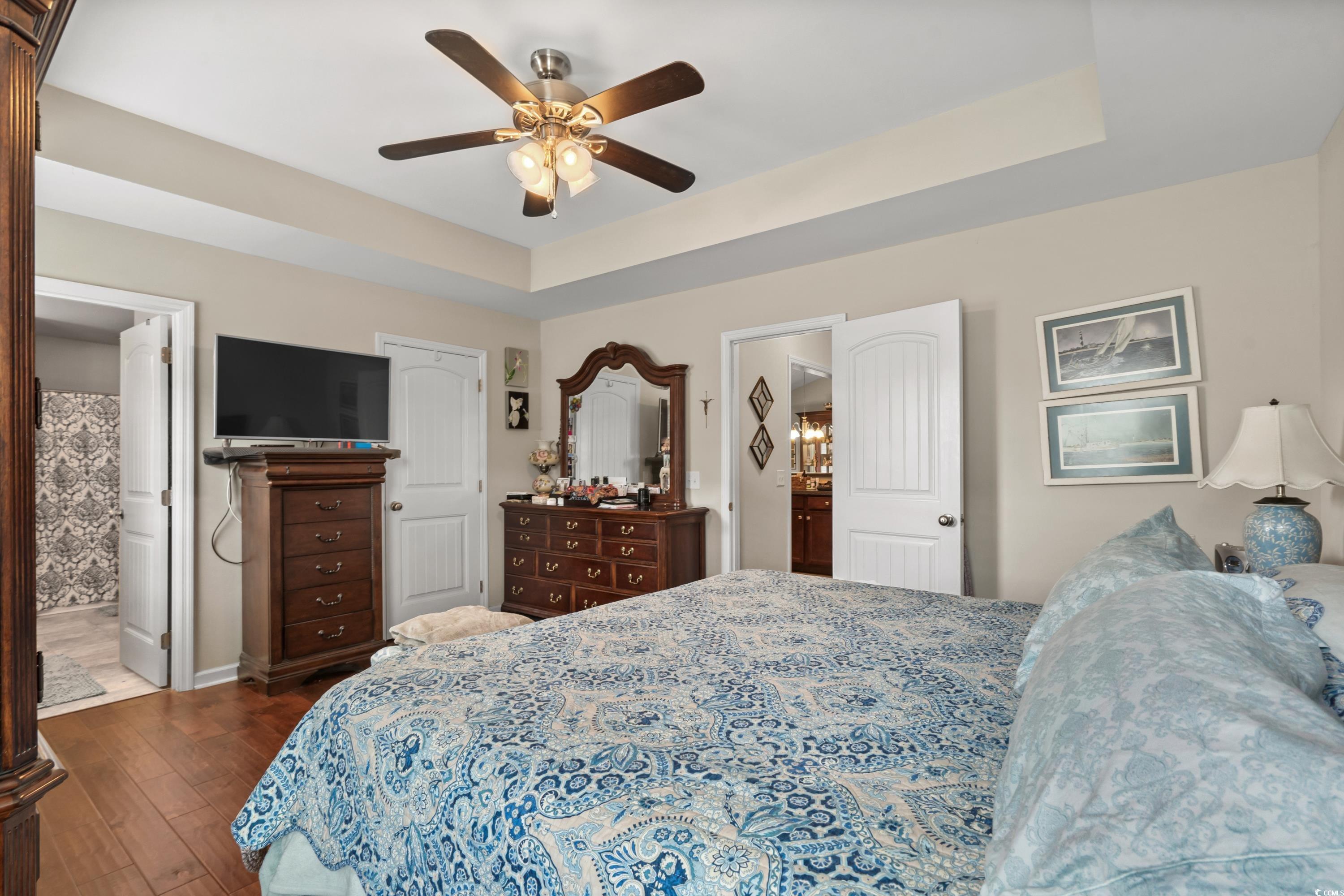 210 Georgia Mae Loop Conway, SC 29527 - Photo 21 of 40 Bedroom with a ceiling fan, a tray ceiling, ensuit