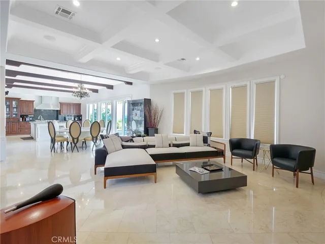 a living room with furniture a fireplace and a floor to ceiling window