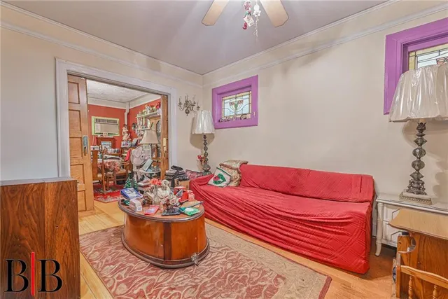 a living room with a couch and a potted plant