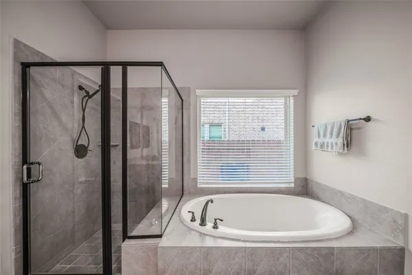 a bathroom with a bathtub and a shower