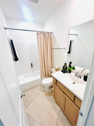 a bathroom with a sink a toilet and shower curtain