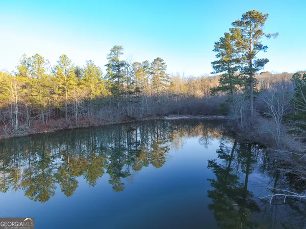 a view of a lake with a house in the background