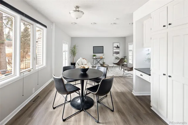 a view of a dining room with furniture window and wooden floor