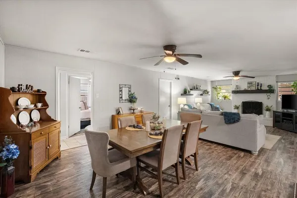 a view of a dining room with furniture