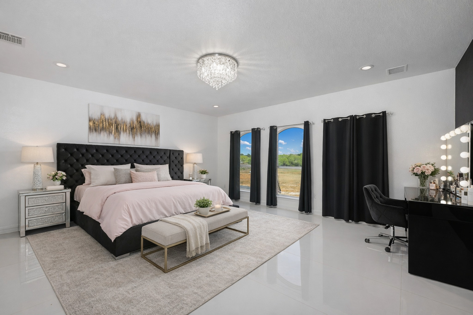 507 Rawhide Road Seguin, TX 78155 - Photo 17 of 40 Bedroom featuring a desk, a chandelier, and light tile patterned flooring