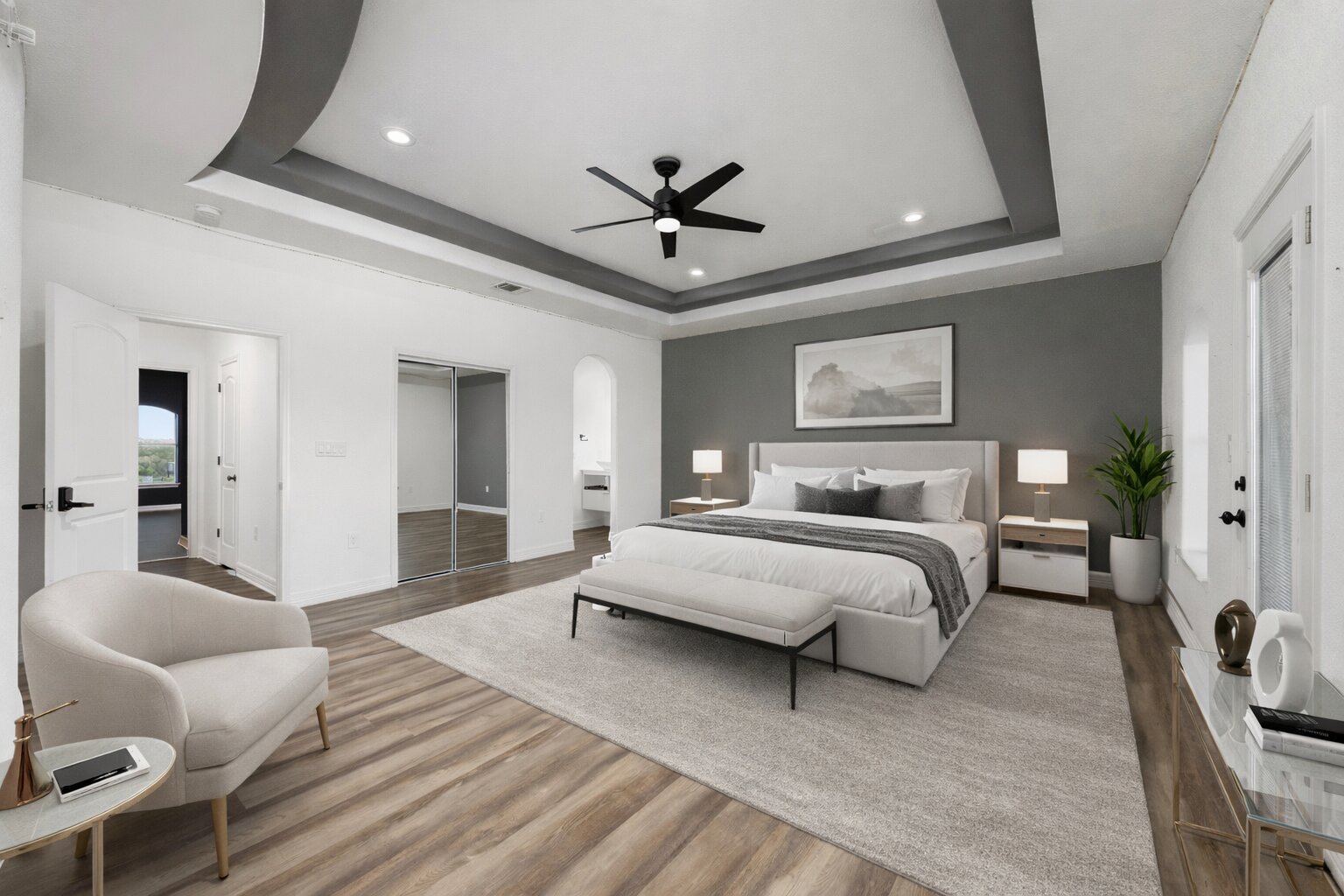 507 Rawhide Road Seguin, TX 78155 - Photo 30 of 40 Bedroom with light wood-type flooring, a closet, ceiling fan, recessed lighting, and ensuite bathroom