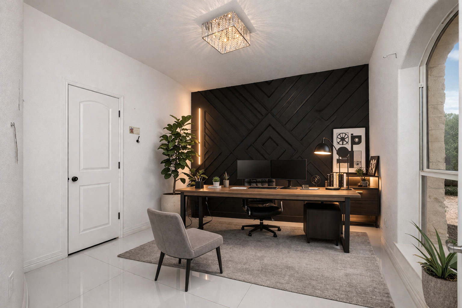 507 Rawhide Road Seguin, TX 78155 - Photo 8 of 40 Office space featuring an accent wall, wooden walls, and light tile patterned floors
