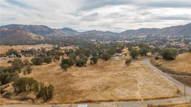 a view of a dry yard with mountains in the background