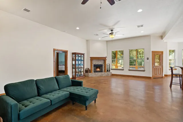 a living room with furniture and a fireplace