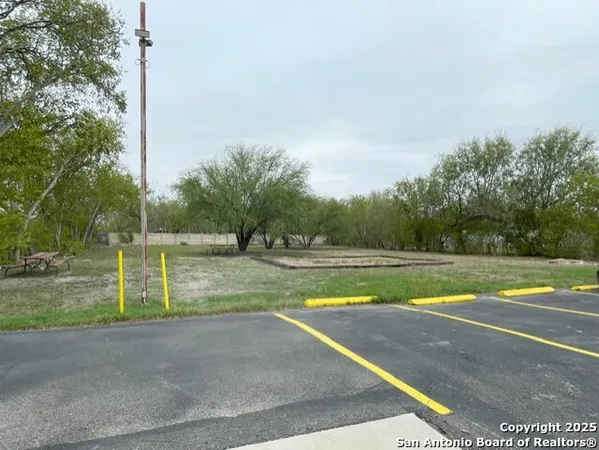 a view of a swimming pool with a yard and large trees