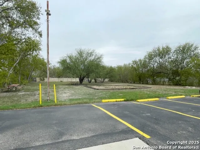 a view of a swimming pool with a yard and large trees